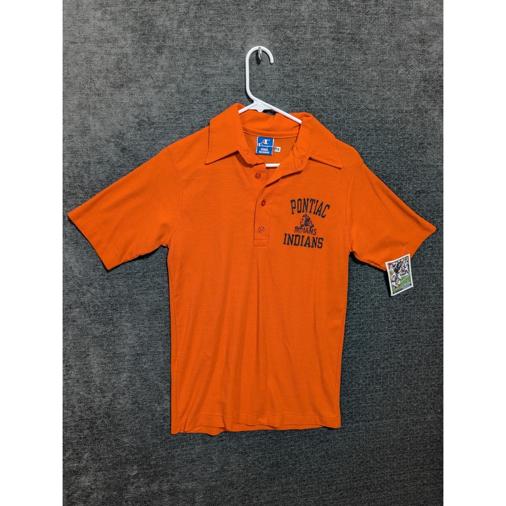 Vintage Champion Pontiac Indians Polo Shirt Orange Short Sleeve Mens Medium USA